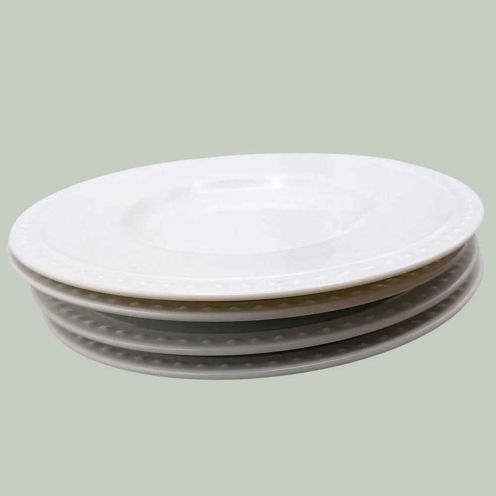 Crate and Barrel Staccato Saucers White Beaded Rim Kathleen Wills Japan Set of 4